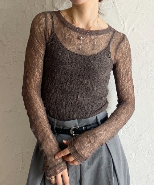 She's Closet(シーズクローゼット)の「長袖クルーネック透かし編みストレッチレースシアートップス(Tシャツ/カットソー・レディース・ホワイト/ブラック/ブラウン系その他/スモークピンク/ブラウン/ブルーグレー・FREE)」の5枚目の写真