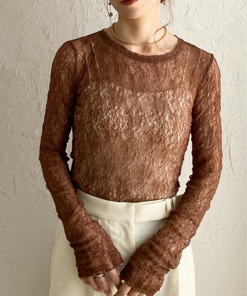 She's Closet(シーズクローゼット)の「長袖クルーネック透かし編みストレッチレースシアートップス(Tシャツ/カットソー・レディース・ホワイト/ブラック/ブラウン系その他/スモークピンク/ブラウン/ブルーグレー・FREE)」の4枚目の写真