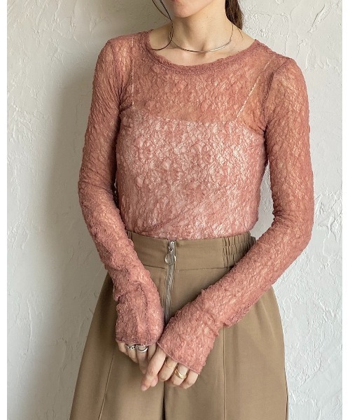 She's Closet(シーズクローゼット)の「長袖クルーネック透かし編みストレッチレースシアートップス(Tシャツ/カットソー・レディース・ホワイト/ブラック/ブラウン系その他/スモークピンク/ブラウン/ブルーグレー・FREE)」の13枚目の写真