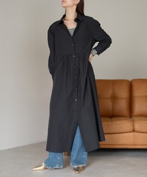 PREFERIR | シャツカラー後ろゴムシャーリング ワンピース/高見え/洗える/S.M.Lスリーサイズ(シャツワンピース)