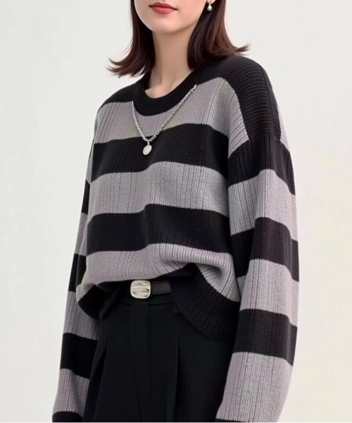 cammie（キャミー）の「ワイドボーダークロップドニット（ニット/セーター・レディース・ベージュ/オフホワイト/グレー・F）」の3枚目の写真
