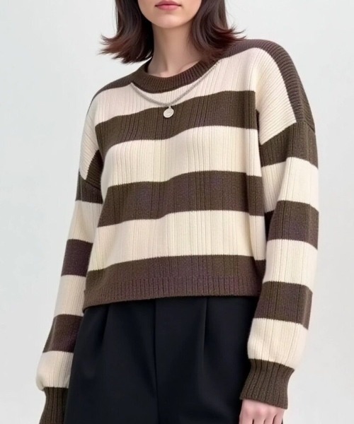 cammie（キャミー）の「ワイドボーダークロップドニット（ニット/セーター・レディース・ベージュ/オフホワイト/グレー・F）」の13枚目の写真