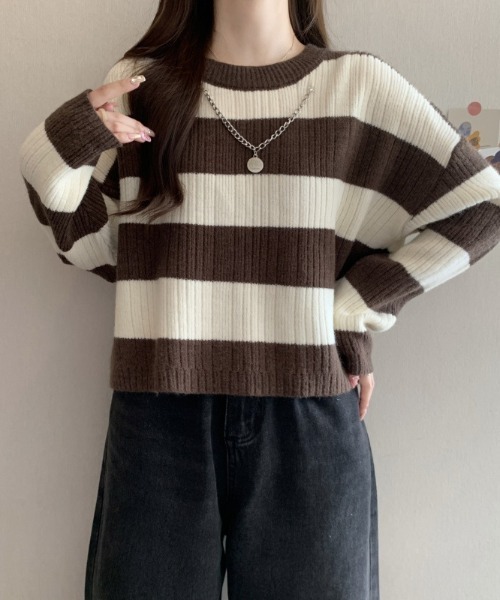 cammie（キャミー）の「ワイドボーダークロップドニット（ニット/セーター・レディース・ベージュ/オフホワイト/グレー・F）」の12枚目の写真