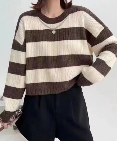 cammie（キャミー）の「ワイドボーダークロップドニット（ニット/セーター・レディース・ベージュ/オフホワイト/グレー・F）」の14枚目の写真