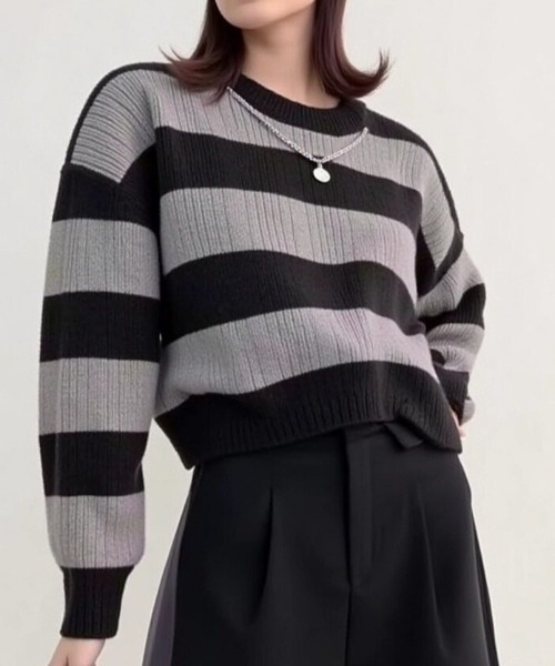 cammie（キャミー）の「ワイドボーダークロップドニット（ニット/セーター・レディース・ベージュ/オフホワイト/グレー・F）」の10枚目の写真