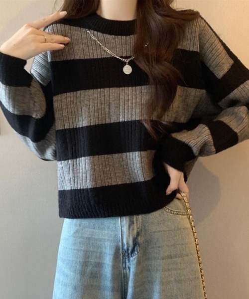cammie（キャミー）の「ワイドボーダークロップドニット（ニット/セーター・レディース・ベージュ/オフホワイト/グレー・F）」の8枚目の写真