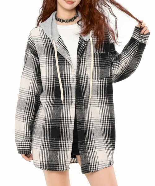 セール】【秋冬新作】フード付きチェックネルシャツ（シャツ/ブラウス