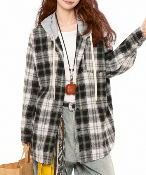 セール】【秋冬新作】フード付きチェックネルシャツ（シャツ/ブラウス