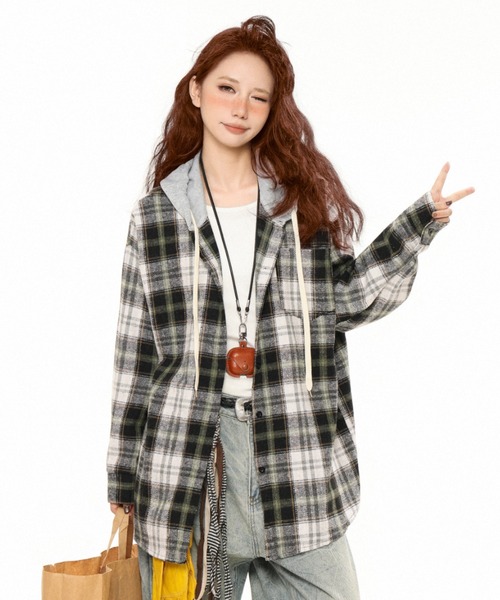 セール】【秋冬新作】フード付きチェックネルシャツ（シャツ/ブラウス