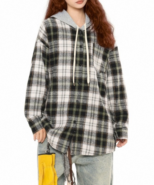 セール】【秋冬新作】フード付きチェックネルシャツ（シャツ/ブラウス