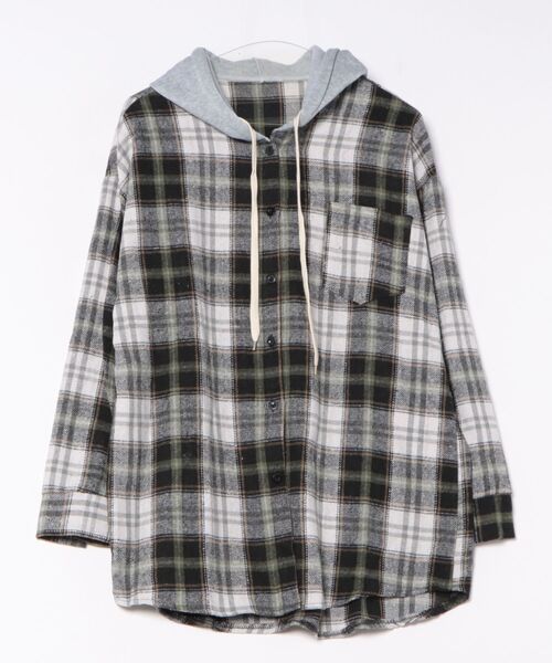 セール】【秋冬新作】フード付きチェックネルシャツ（シャツ/ブラウス