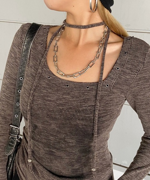 non-hedge(ノンヘッジ)の「チョーカー付リベットロンT(Tシャツ/カットソー・レディース・チャコールグレー/ライトグレー/オフホワイト・FREE)」の18枚目の写真