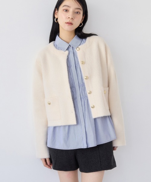 VIS（ビス）の「接結ミニフェザーニットジャケットカーディガン/一部WEB限定カラー（カーディガン/ボレロ・レディース・ピンク系その他2/ネイビー/オフホワイト/ブラウン・FREE）」の5枚目の写真