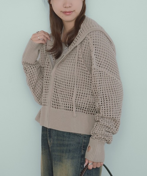 H.TOKYO（エイチトウキョウ）の「ショート丈 透かし編みジップニットパーカー（パーカー・レディース・ダークグレー/ブラック/ベージュ・FREE）」の12枚目の写真