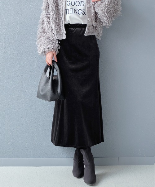 レオパード 無地 ベロアロングスカート（スカート）｜Rejoule