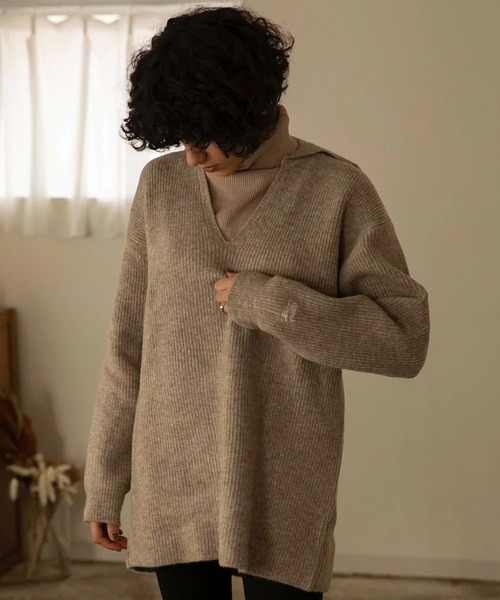 HINNA cottage（ヒナコテージ）の「3ウェイ刺繍ロングニット（タートルネック付き）（ニット/セーター・レディース・ブラウン/アイボリー・FREE）」の6枚目の写真