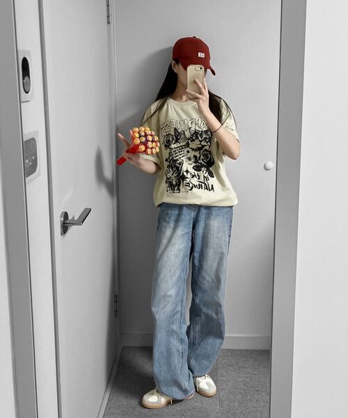MOZMOZ(モズモズ)の「ハッピーキャット オーバーサイズ ピグメント 半袖Tシャツ ベージュ(Tシャツ/カットソー・レディース・その他・XXL/M/XL)」の8枚目の写真