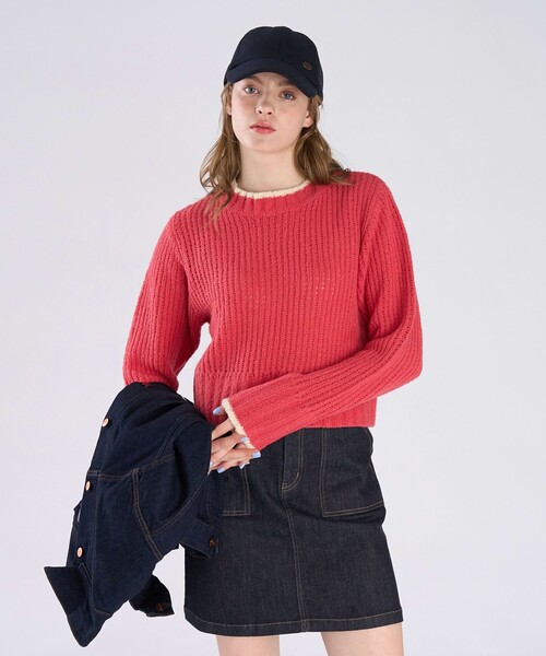 To b. by agnes b.（トゥービーバイアニエスベー）の「バイカラーライン ニット プルオーバー（ニット/セーター・レディース・レッド・FREE）」の2枚目の写真