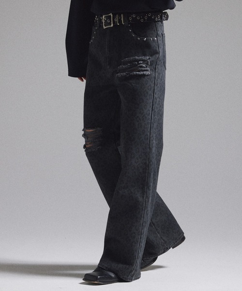 パンツ goar.archive strapped flare xl GRANCY】Leopard Damage Flare Pants / レオパードダメージフレア