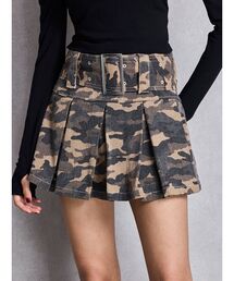 GYDA | ハイウエストWIDE BELTプリーツデニムスカートライクショートパンツ(デニムスカート)