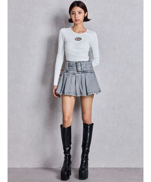 GYDA（ジェイダ）の「ハイウエストWIDE BELTプリーツデニムスカートライクショートパンツ（デニムスカート・レディース・ライトブルー/インディゴブルー/その他1・SMALL/MEDIUM）」の12枚目の写真