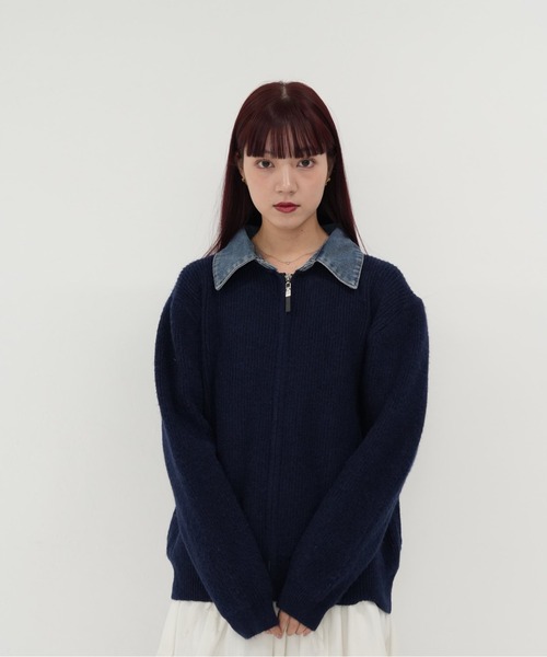 Uenui(ウニュイ)の「【 cunii 】ジップ ニット カーディガン 韓国 ガーリー 長袖 体型カバー シンプル カジュアル 秋冬(カーディガン/ボレロ・レディース・レッド/ネイビー/グレー・FREE)」の2枚目の写真