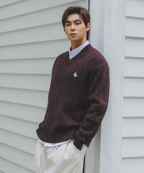 Point logo pendant V‑neck knit 케블 BK8941_коричневый