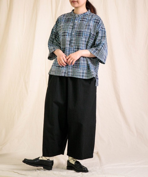 prit（プリット）の「[prit] パッチワークチェック二重織り 5分ビッグスリーブスタンドカラーシャツ（シャツ/ブラウス・レディース・ブラック系その他/ブルー系その他・FREE）」の6枚目の写真
