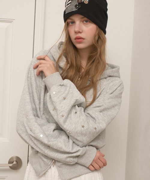 Birthday room（バースデイルーム）の「スタースタッズダブルジップパーカー/Star Studs Double Zip Hoodie（パーカー・レディース・グレー/ブラック・FREE）」の13枚目の写真