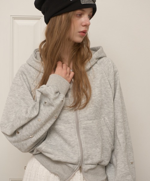 Birthday room（バースデイルーム）の「スタースタッズダブルジップパーカー/Star Studs Double Zip Hoodie（パーカー・レディース・グレー/ブラック・FREE）」の18枚目の写真
