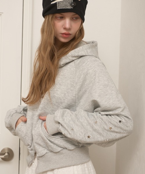 Birthday room（バースデイルーム）の「スタースタッズダブルジップパーカー/Star Studs Double Zip Hoodie（パーカー・レディース・グレー/ブラック・FREE）」の8枚目の写真