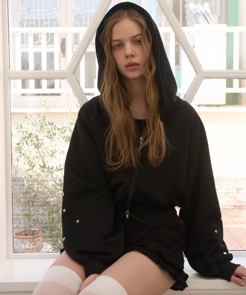 Birthday room（バースデイルーム）の「スタースタッズダブルジップパーカー/Star Studs Double Zip Hoodie（パーカー・レディース・グレー/ブラック・FREE）」の14枚目の写真