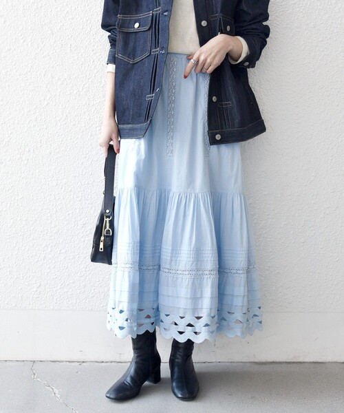 SHIPS any（シップス エニィ）の「SHIPS any:〈洗濯機可能〉キャンブリック レース ギャザー ボリューム スカート（スカート・レディース・ブラック/ホワイト/ライトブルー・ONE SIZE）」の3枚目の写真