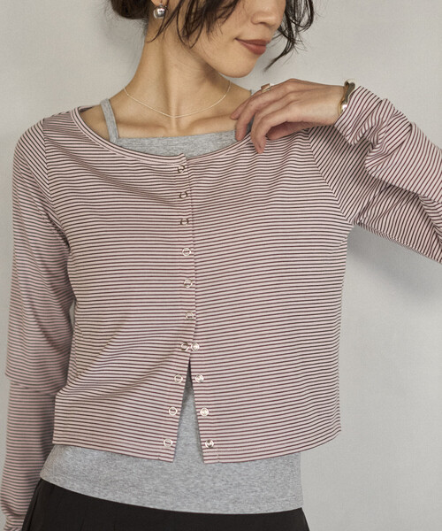 Firsthand（ファーストハンド）の「Firsthand/ファーストハンド レイヤード セットトップス / ボーダーカーディガン ＆ キャミソール（カーディガン/ボレロ・レディース・ピンク/ネイビー/チャコールグレー・FREE）」の4枚目の写真