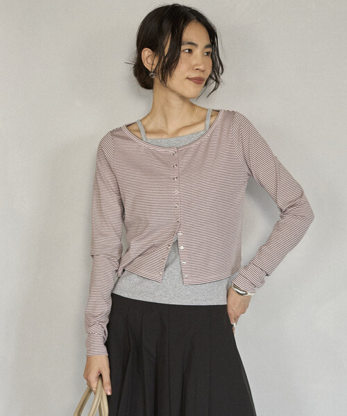 Firsthand（ファーストハンド）の「Firsthand/ファーストハンド レイヤード セットトップス / ボーダーカーディガン ＆ キャミソール（カーディガン/ボレロ・レディース・ピンク/ネイビー/チャコールグレー・FREE）」の5枚目の写真