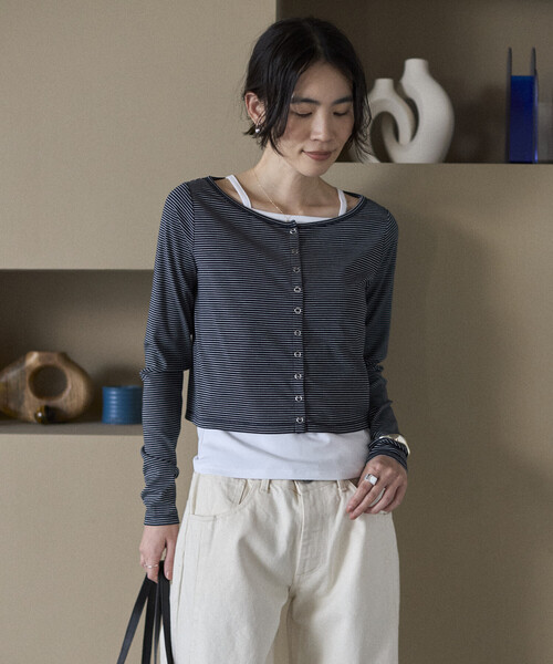 Firsthand（ファーストハンド）の「Firsthand/ファーストハンド レイヤード セットトップス / ボーダーカーディガン ＆ キャミソール（カーディガン/ボレロ・レディース・ピンク/ネイビー/チャコールグレー・FREE）」の19枚目の写真