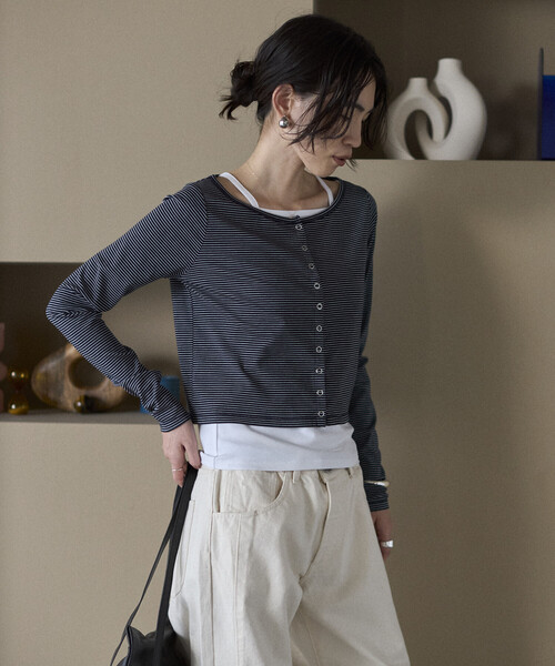 Firsthand（ファーストハンド）の「Firsthand/ファーストハンド レイヤード セットトップス / ボーダーカーディガン ＆ キャミソール（カーディガン/ボレロ・レディース・ピンク/ネイビー/チャコールグレー・FREE）」の20枚目の写真