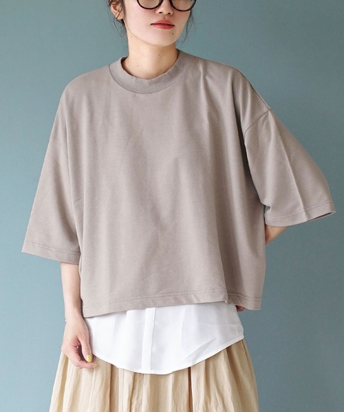 zootie(ズーティー)の「こなれリラックス 半袖ハイネックプルオーバー(Tシャツ/カットソー・レディース・ブラック/ダークグリーン/杢グレー/オフホワイト/オレンジ系/ミント/ネイビー/グレイッシュベージュ・M)」の4枚目の写真