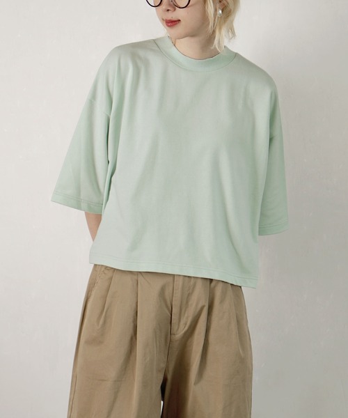 zootie(ズーティー)の「こなれリラックス 半袖ハイネックプルオーバー(Tシャツ/カットソー・レディース・ブラック/ダークグリーン/杢グレー/オフホワイト/オレンジ系/ミント/ネイビー/グレイッシュベージュ・M)」の6枚目の写真