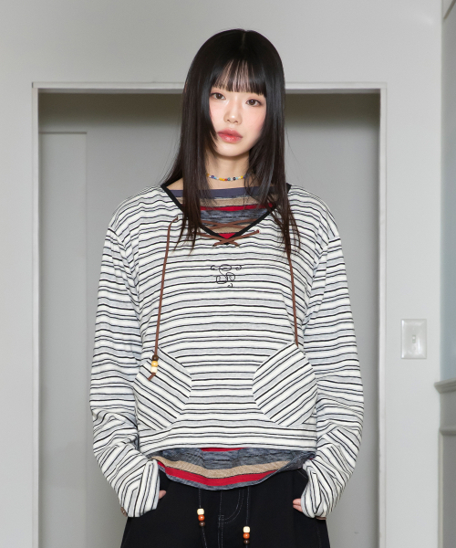 RuNaKi'Hu'(ルナキフ)の「WXT084 ナミストライプVネックロングスリーブ(グレー)(Tシャツ/カットソー・レディース・その他・1/2)」の2枚目の写真