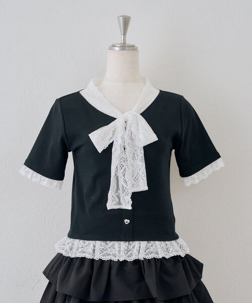 Another Branch olive des olive（アナザーブランチオリーブデオリーブ）の「【ガーリー好きにオススメ】レースリボン付テレコプルオーバー（Tシャツ/カットソー・レディース・アイボリー/ブラック/サックスブルー・FREE）」の3枚目の写真