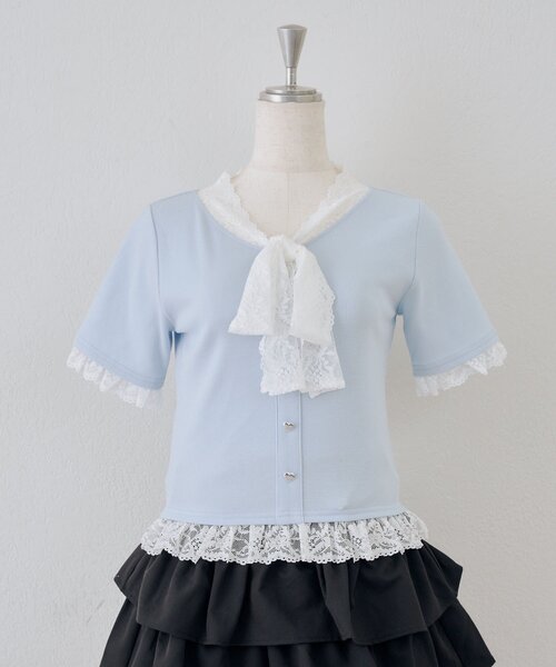 Another Branch olive des olive（アナザーブランチオリーブデオリーブ）の「【ガーリー好きにオススメ】レースリボン付テレコプルオーバー（Tシャツ/カットソー・レディース・アイボリー/ブラック/サックスブルー・FREE）」の17枚目の写真