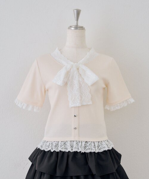 Another Branch olive des olive（アナザーブランチオリーブデオリーブ）の「【ガーリー好きにオススメ】レースリボン付テレコプルオーバー（Tシャツ/カットソー・レディース・アイボリー/ブラック/サックスブルー・FREE）」の11枚目の写真