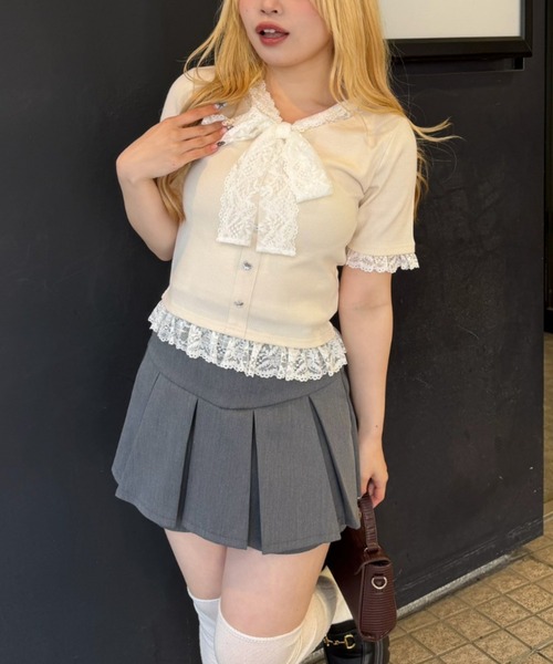 Another Branch olive des olive（アナザーブランチオリーブデオリーブ）の「【ガーリー好きにオススメ】レースリボン付テレコプルオーバー（Tシャツ/カットソー・レディース・アイボリー/ブラック/サックスブルー・FREE）」の7枚目の写真