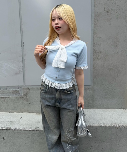 Another Branch olive des olive（アナザーブランチオリーブデオリーブ）の「【ガーリー好きにオススメ】レースリボン付テレコプルオーバー（Tシャツ/カットソー・レディース・アイボリー/ブラック/サックスブルー・FREE）」の13枚目の写真