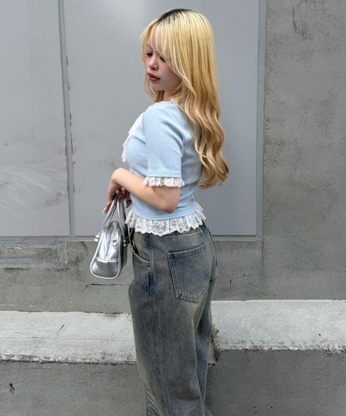 Another Branch olive des olive（アナザーブランチオリーブデオリーブ）の「【ガーリー好きにオススメ】レースリボン付テレコプルオーバー（Tシャツ/カットソー・レディース・アイボリー/ブラック/サックスブルー・FREE）」の15枚目の写真