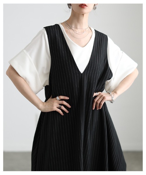 Sawa a la mode(サワアラモード)の「3wayストライプ柄変形ジャンパースカート(ワンピース・レディース・ブラック・FREE)」の14枚目の写真