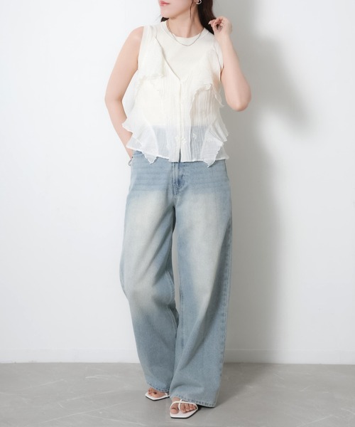Riberry(リベリー)の「小花刺繍シアーフリル楊柳ビスチェ/キャミ(キャミソール・レディース・キャメル/アイボリー/ブラック・FREE)」の13枚目の写真