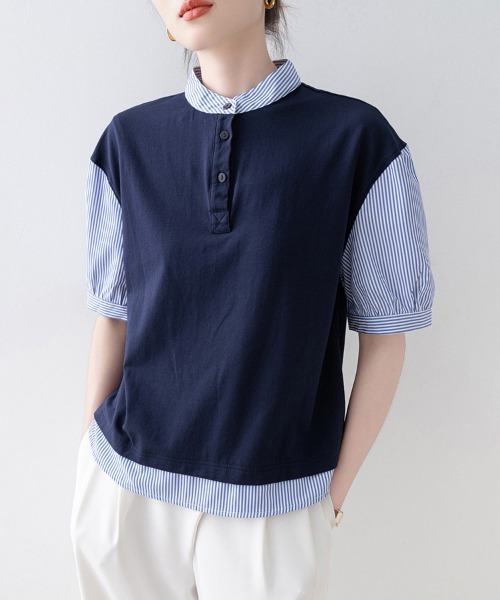 ONEP STAR（ワンピスター）の「重ね着風ストライプ切替ブラウス（シャツ/ブラウス・レディース・ネイビー・X-LARGE/LARGE/MEDIUM）」の15枚目の写真