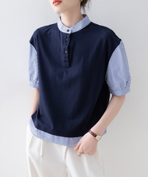 ONEP STAR（ワンピスター）の「重ね着風ストライプ切替ブラウス（シャツ/ブラウス・レディース・ネイビー・X-LARGE/LARGE/MEDIUM）」の16枚目の写真